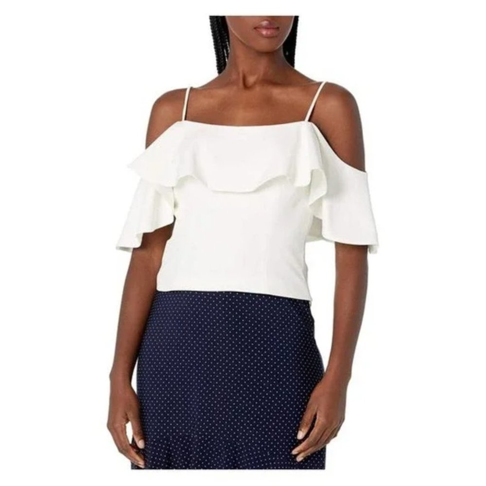 NWT Eliza j Ruffle Top Sleeveless Spaghetti Crepe Womens White Blouse 12